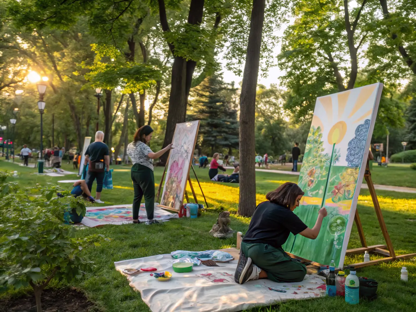 A photograph capturing a community art event organized by ABQDV, featuring participants of all ages creating collaborative art pieces.