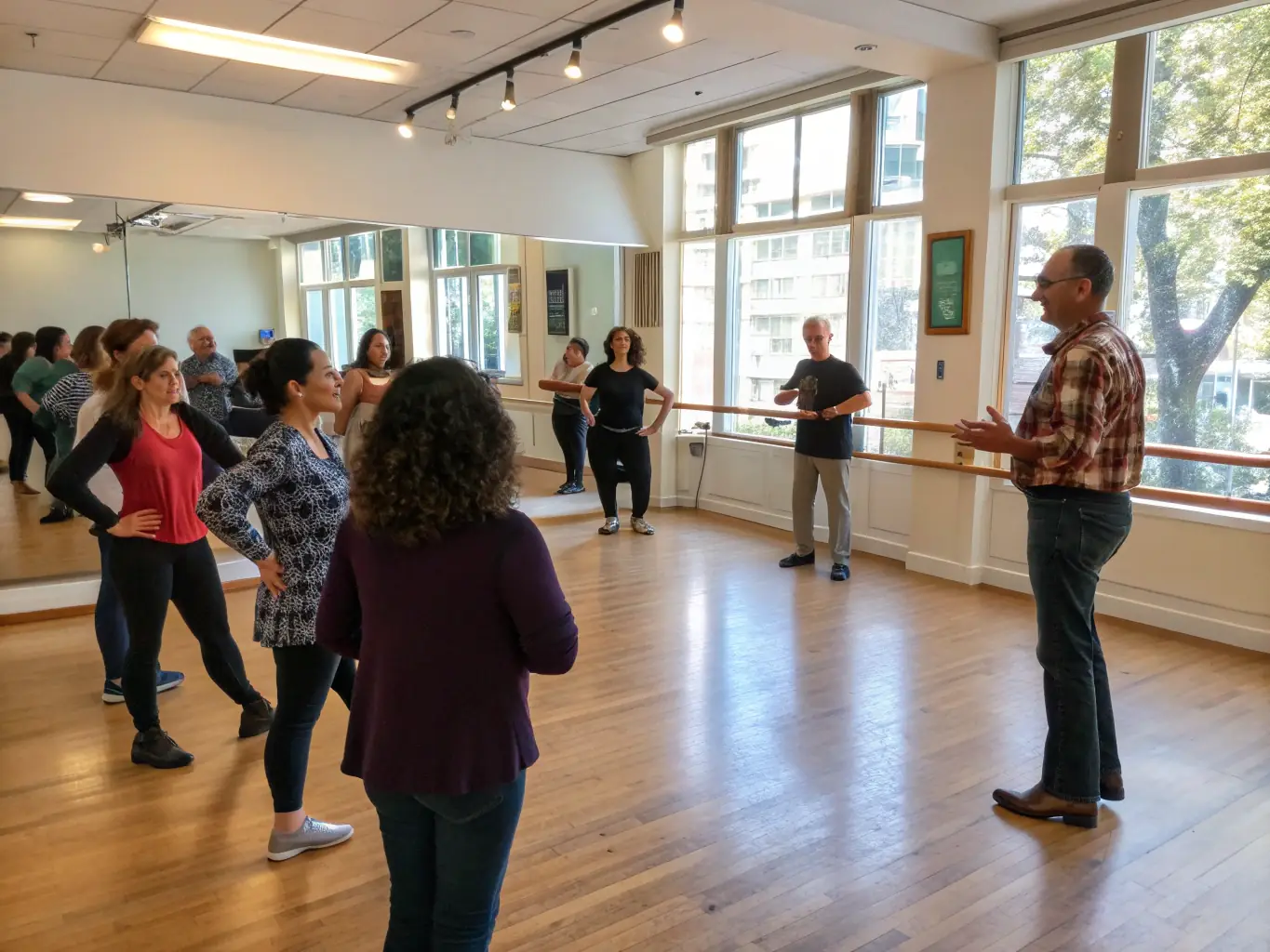 A photograph of participants actively engaged in a dance workshop at ABQDV, with an instructor guiding them through various movements.