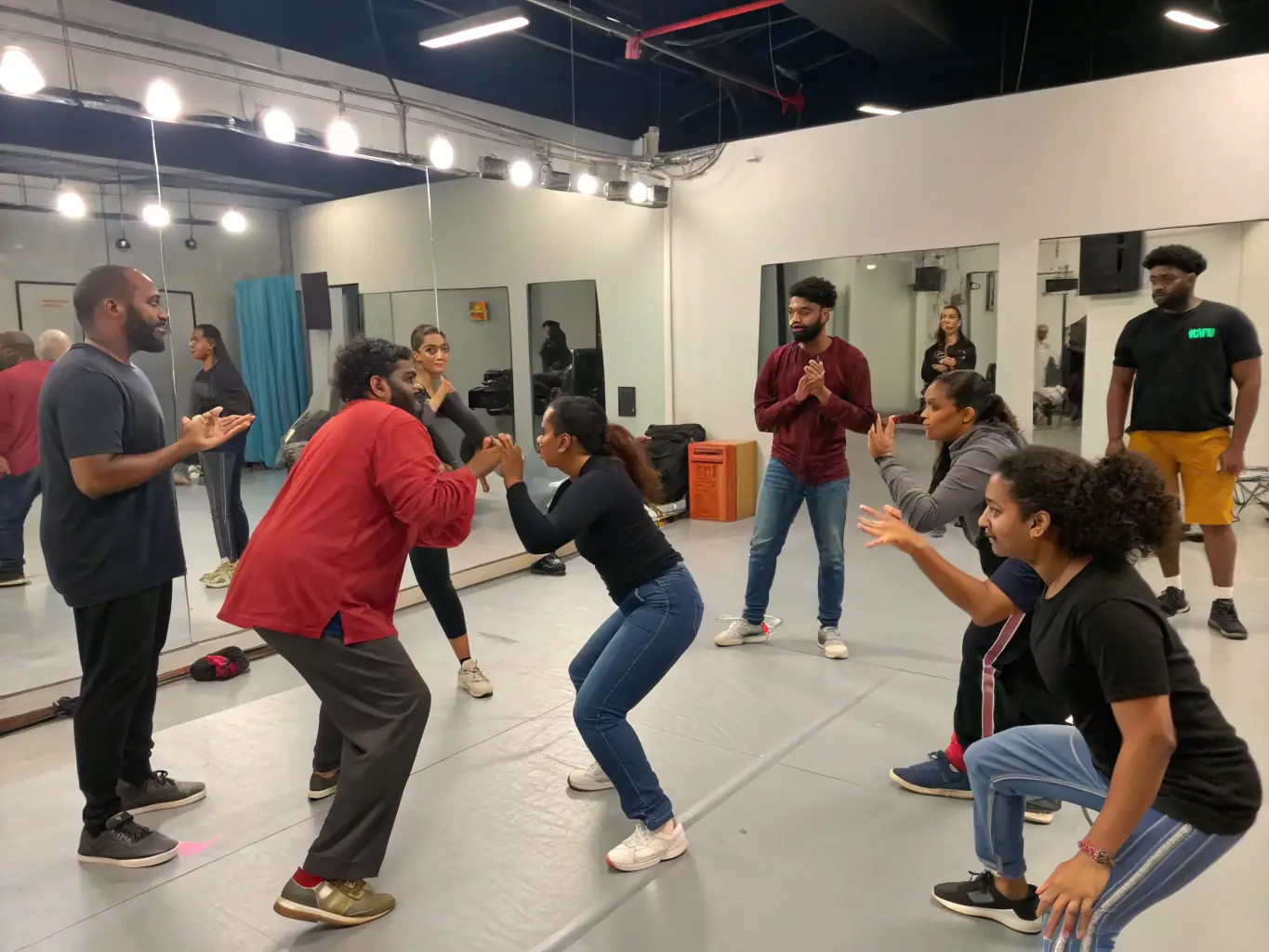 An image of participants actively engaged in a lively theater workshop, with stage lights and costumes, showcasing the energy and creativity of the event.
