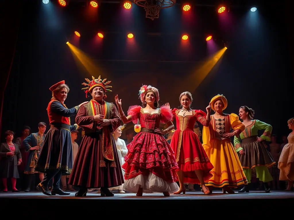 A vibrant photograph capturing a scene from one of ABQDV's theatrical performances, showcasing actors in costume on stage with dynamic lighting.